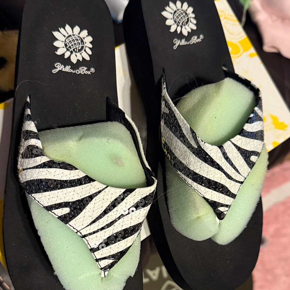 Yellow Box Black and White Zebra Flip Flops